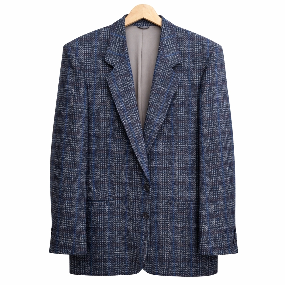42L Vintage Givenchy Monsieur Blazer Wool Silk Blend Green Blue Plaid